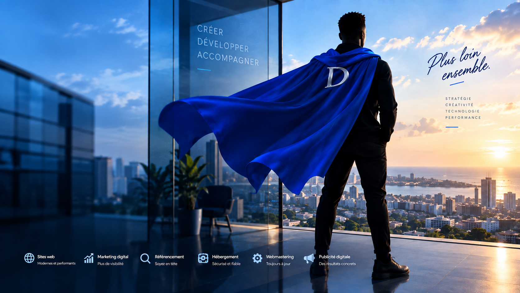 Super-héros à la cape bleue contemplant Dakar depuis une tour de bureaux